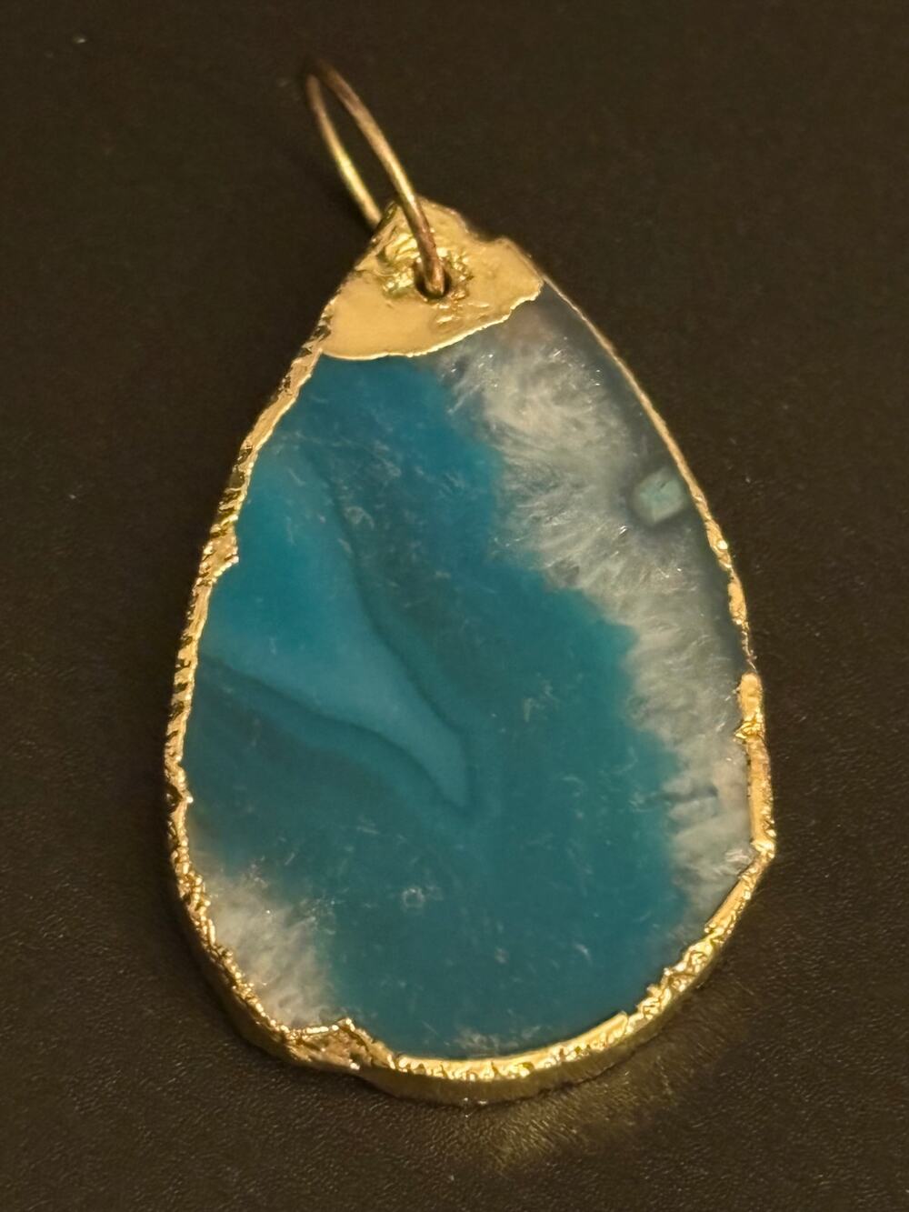 Vintage Blue Agate Slice Gold Tone Pendant Genuine